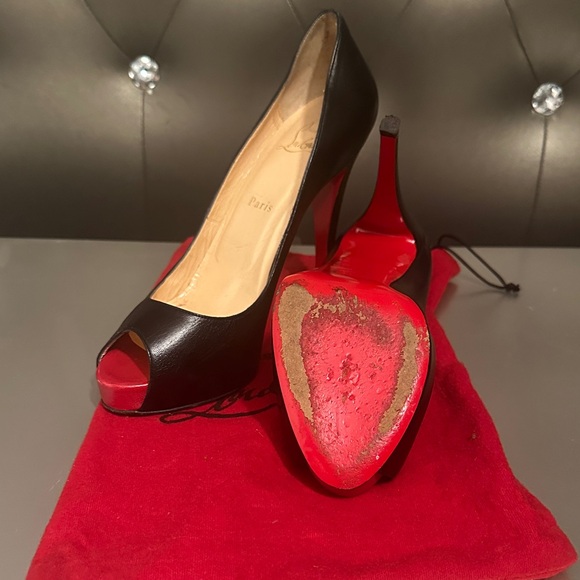Christian Louboutin Black and Red Peep-Toe Heels - Picture 2 of 6